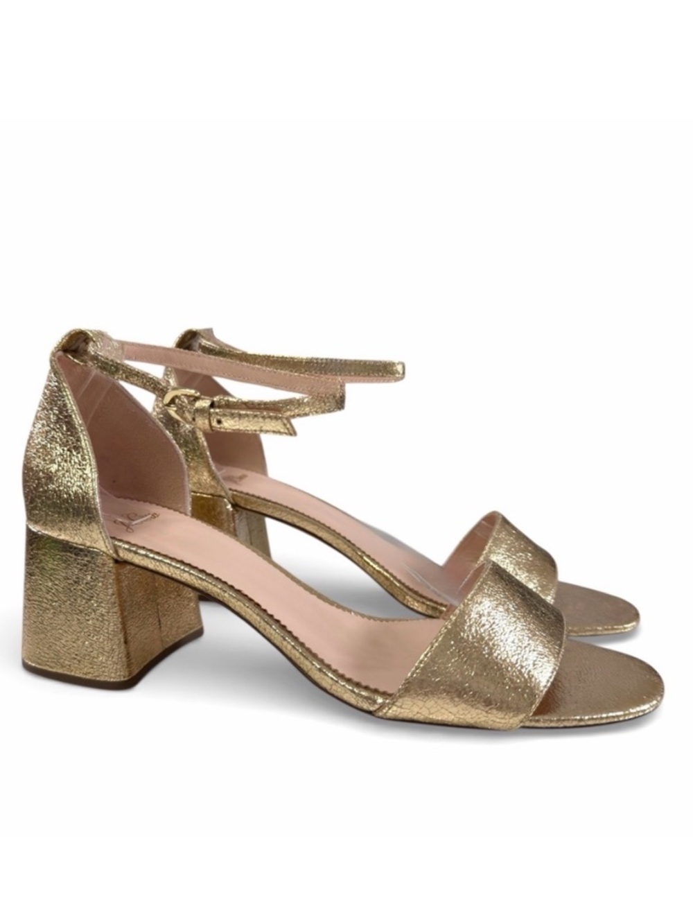 NWOB J. Crew Penny Metallic Gold Block Heel Open Toe Ankle Strap Sandals Size 10